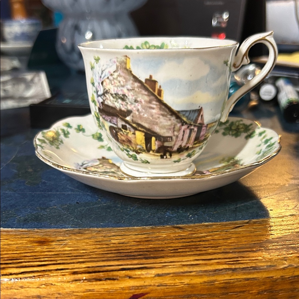 Vintage Cottage Scene Teacup and Saucer